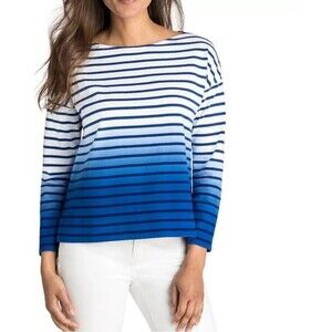Vineyard Vines Women's Top Size XS White Blue Dip‎ Dye Striped Boat Neck LS NEW
